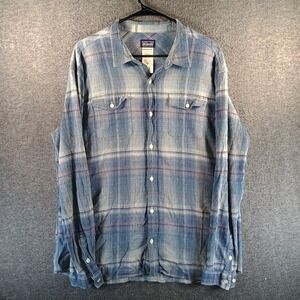 Patagonia A/C Steersman Work Shirt Mens XL Blue Plaid Long sleeve Pockets‎